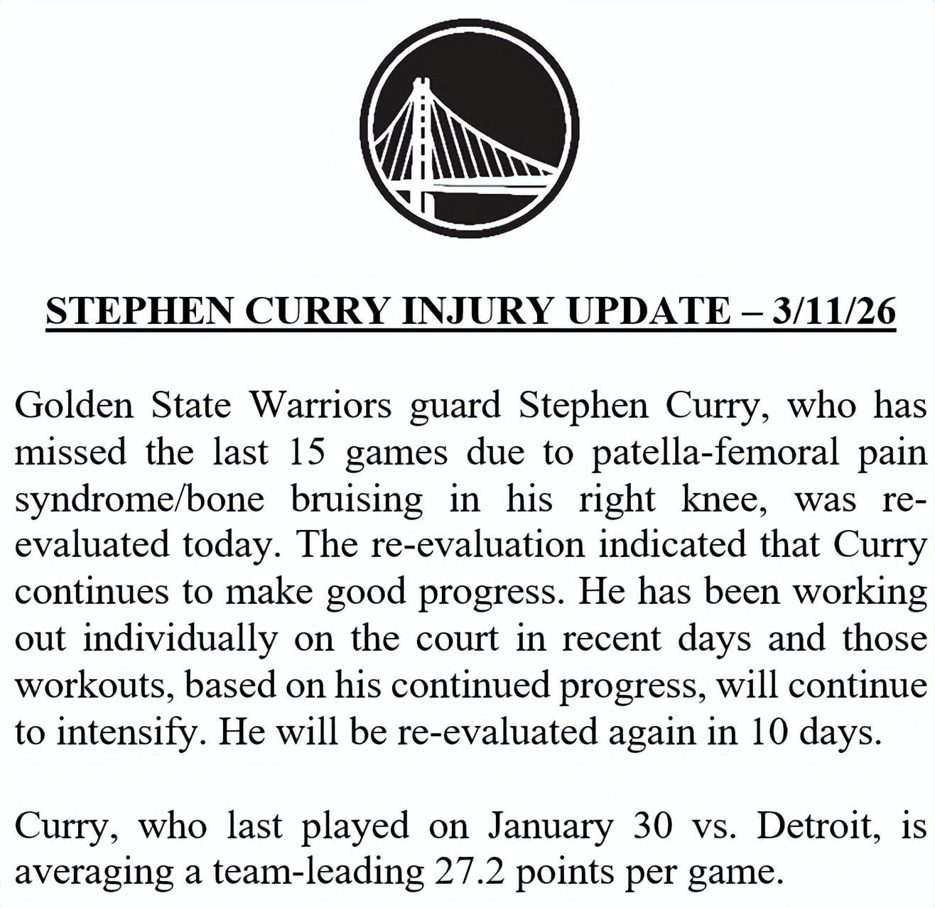 九游体育官网登录-勇士官宣库里至少再歇10天!继续缺阵5场 本人渴望复出冲季后赛